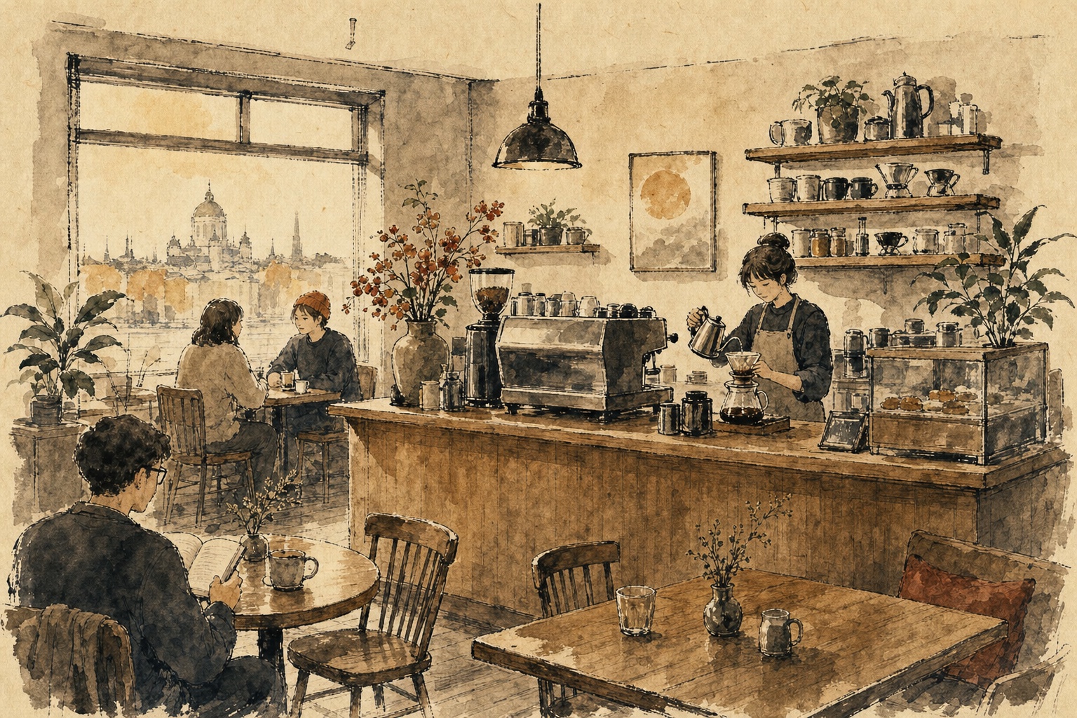 Japanese-inspired ink and watercolour illustration of a warm café interior with a barista and a few customers