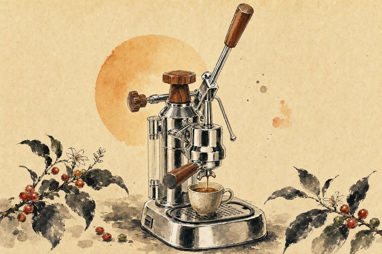 Japanese-inspired ink and watercolour illustration of a La Pavoni Europiccola lever espresso machine