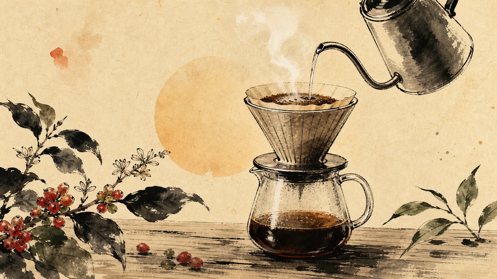 Japanese-inspired ink and watercolour illustration of pour-over coffee brewing into a glass carafe